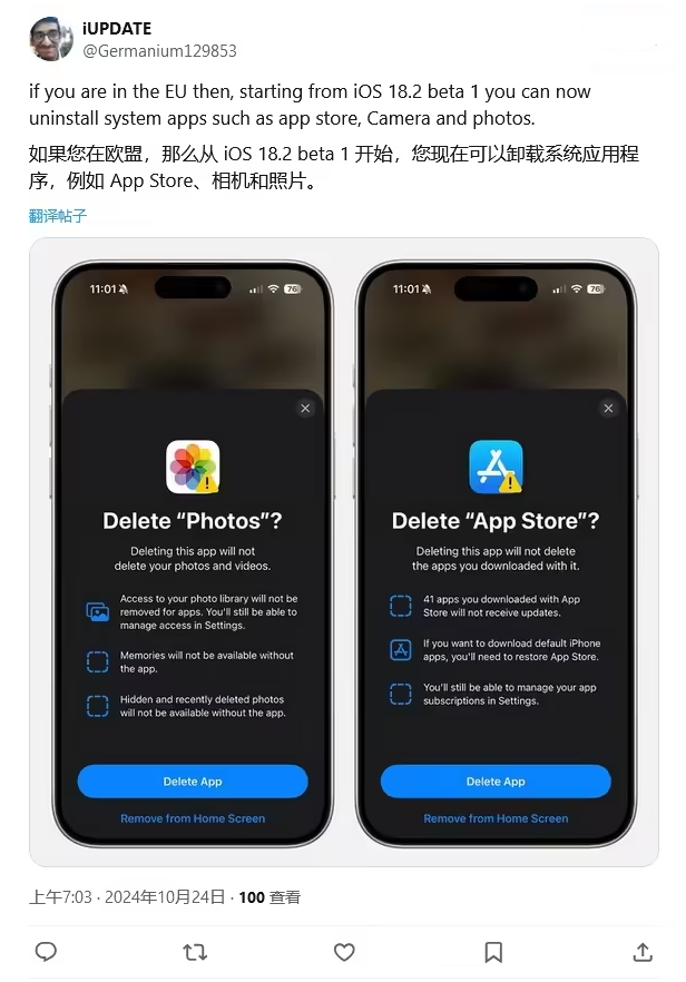 白城苹果手机维修分享iOS 18.2 支持删除 App Store 应用商店 