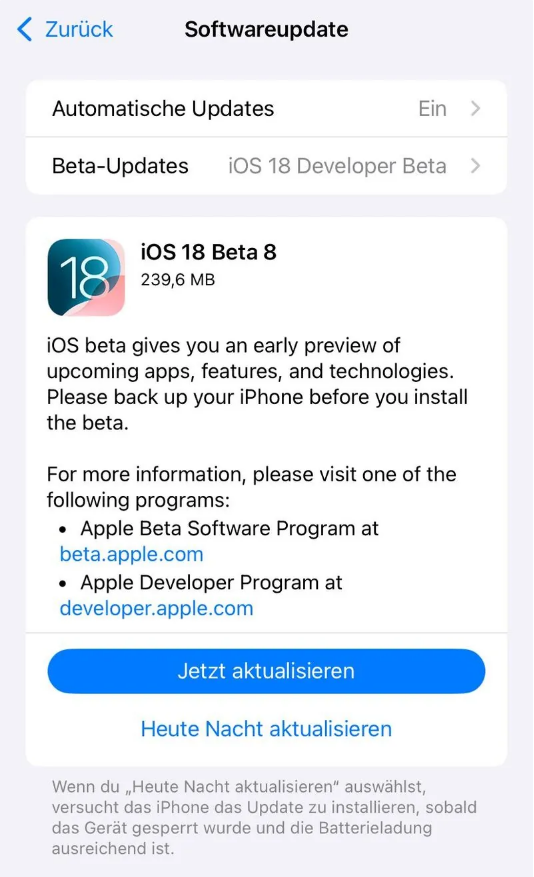 白城苹果手机维修分享苹果 iOS / iPadOS 18 开发者预览版 Beta 8 发布 